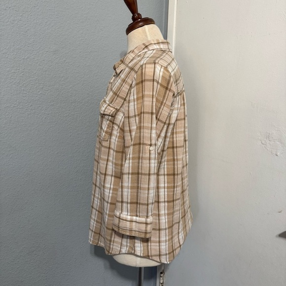 St. John's Bay Women Beige Plaid Collared 3/4 Sleeve Button Down Shirt Shirt L - Picture 5 of 13